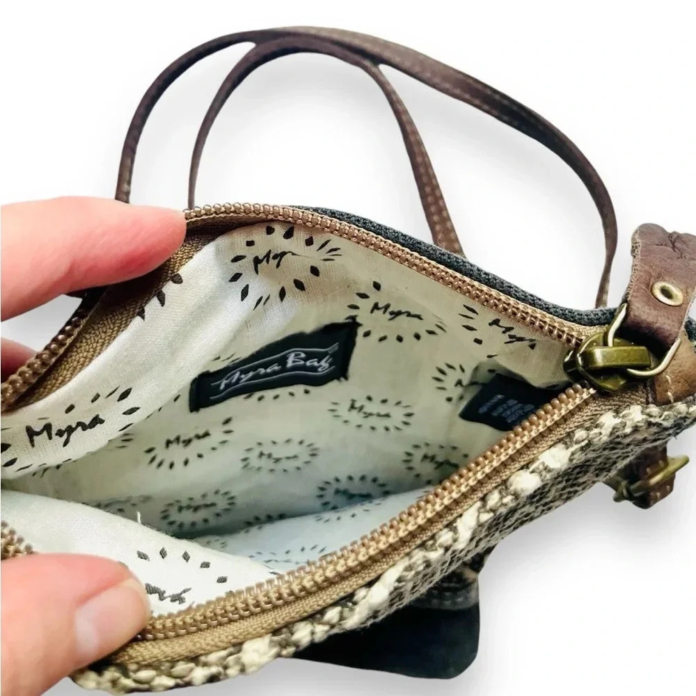 Myra Timeless Upcycled Boho Leather Canvas Crossbody Bag - Picture 3 of 5